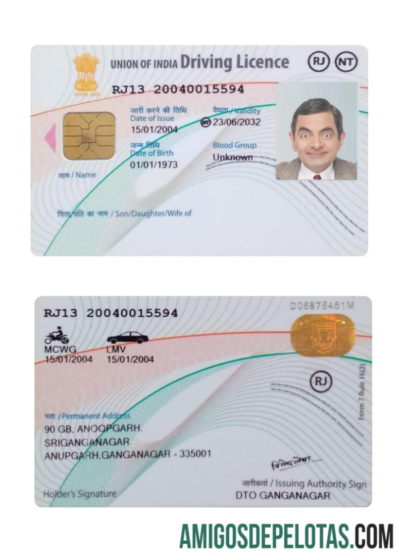 Nova versão da carteira de motorista da União da Índia amostra